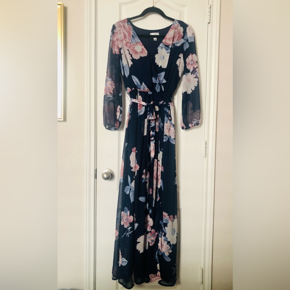 Beautiful Navy Maxi Dress with Sheer Sleeves